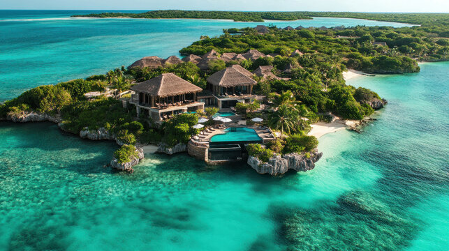 tropical island resort with lush greenery and turquoise waters. luxurious villas with thatched roofs overlooking serene ocean. perfect escape for summer vacation, travel brochure, beach getaway