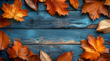 Autumn background with bright maple leaves on a blue wooden surface. An atmosphere of warmth, comfort and nature, ideal for seasonal designs and backgrounds.