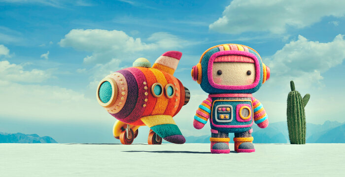 Colorful astronaut and spaceship doll in desert fantasy landscape