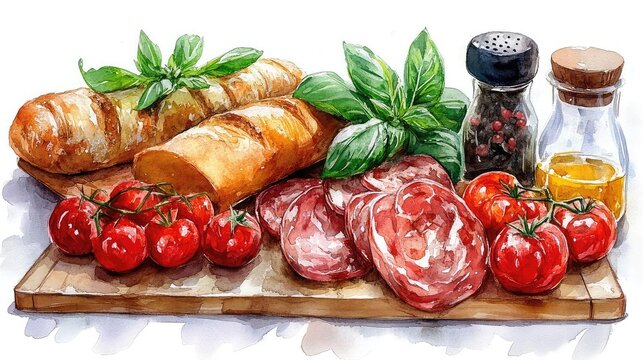 Watercolor food art with soft textures and vibrant hues depicting meals, snacks, and ingredients illustrated for cookbooks, food blogs, and kitchen-inspired artistic design.