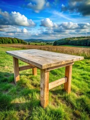 Wooden farmhouse table with natural stone slab top and worn wooden legs in rustic setting