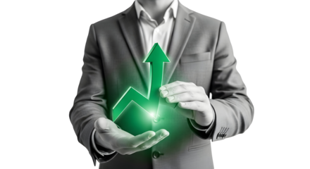 Green Arrow of Success: Businessman Displays Growth, Achievement, and Positive Financial Trends