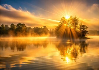Fototapeta premium Softly glowing golden rays break through the misty veil of a serene landscape at dawn