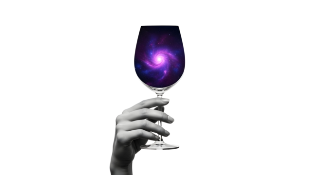 A Hand Holds the Universe: Wine Glass Filled with a Swirling Galaxy of Cosmic Wonder