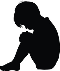 Thoughtful Child Silhouette Sitting, Head Down, Isolated