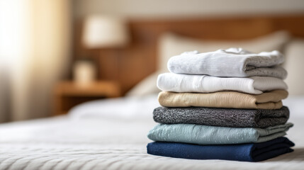 Neatly folded garments arranged in an organized stack on a clean, comfortable bed in a serene indoor setting, evoking tidiness, cozy vibes, and excellent home care.

