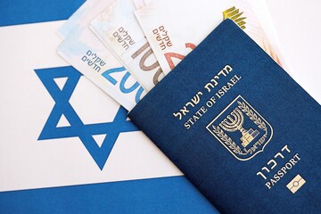 Israel New Shekels banknotes and passport on flag. The current Israel money bills and pass