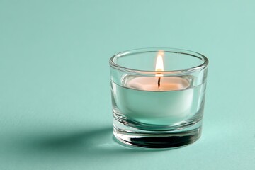 Elegant candle floating in a glass vessel against a light teal background