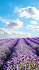Naklejka premium Vast lavender field under a bright blue sky with fluffy white clouds