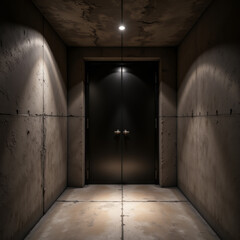 Obraz premium Dark minimal hallway with matte walls and single spotlight above double steel doors creating dramatic ambiance