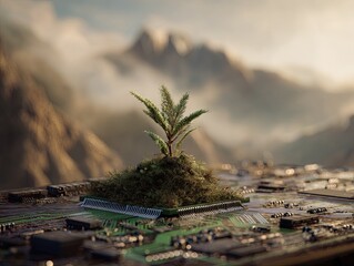 Small plant sprouting on circuit board, mountain backdrop