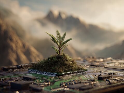 Small plant sprouting on circuit board, mountain backdrop