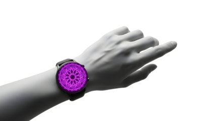 Modern smartwatch with a neon purple mandala display for enhanced meditation and spiritual wellness.