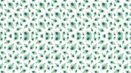 A repeating pattern of peacock feathers on a white background in a seamless design style look 100 char