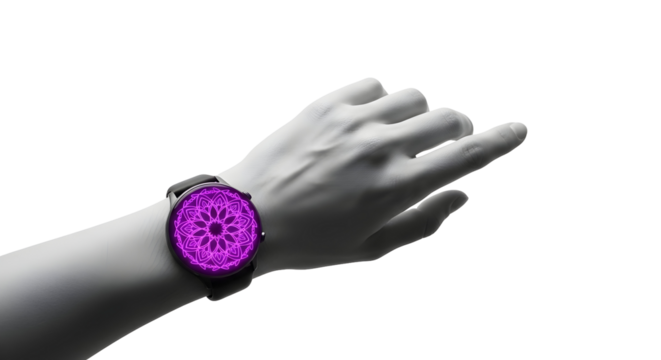 Modern smartwatch with a neon purple mandala display for enhanced meditation and spiritual wellness.