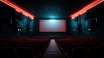 Fototapeta premium Empty Movie Theater: Neon Lights and Red Seats