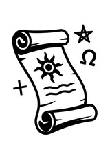 Magic Scroll with Ancient Symbols and Sun Icon Vector - Mystical Prophecy Parchment