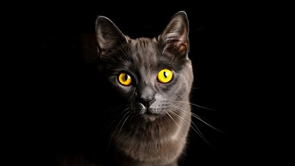 Gray cat with bright yellow eyes feline animal