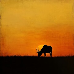 A silhouette of a large animal grazing in a field at sunset. Concept of tranquility and peacefulness as the animal enjoys its meal in the serene setting