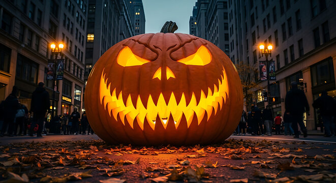 A giant, glowing jack-o'-lantern with a menacing face dominates a city street at night. This massive pumpkin is the spooky centerpiece of a festival. - Powered by Adobe