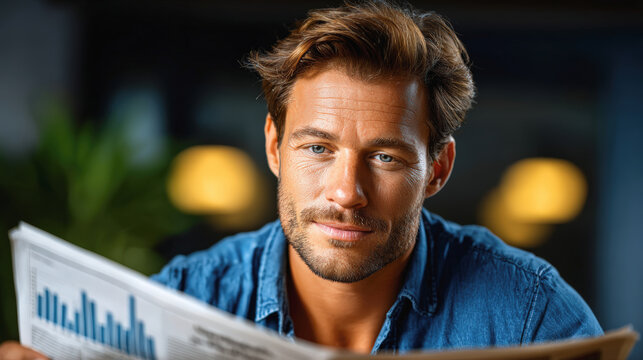 Man reading newspaper with financial news, displaying thoughtful expression in cozy indoor setting