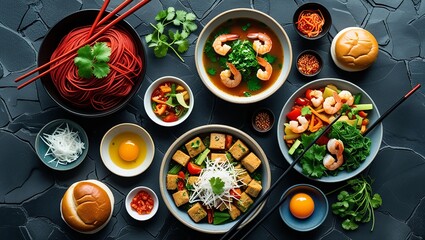 A vibrant Chinese New Year decoration set alongside a fresh and delicious seafood meal