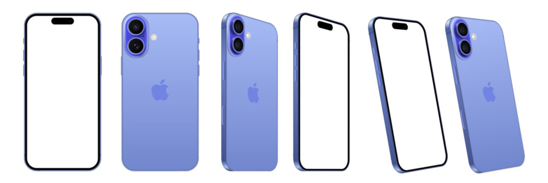 New iPhone 16, Ultramarine colors. Mockup screen front view iphone with white screens and back side phone.