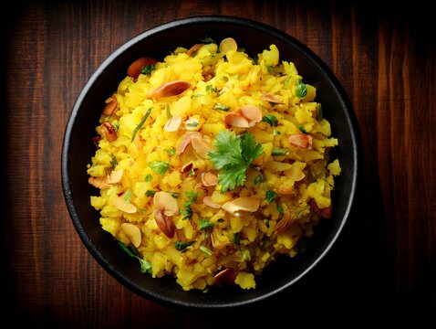 Top down view of bowl of khatta meetha poha sweet tangy flavor healthy Indian breakfast vibrant yellow color