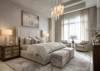 Elegant master bedroom with neutral tones and luxurious furnishings.