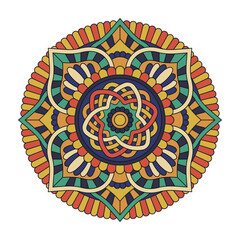 Vector colorful circular mandala isolated on white background. Tribal ornament in red, yellow and blue colors. Oriental pattern, vintage decorative element for book, card, textile, fashion print. Ethn
