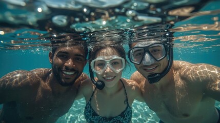Happy Diverse Friends Snorkeling Selfie: Tropical Underwater Adventure & Summer Vacation