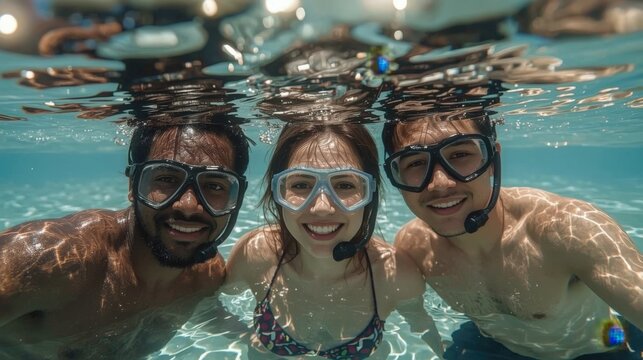 Happy Diverse Friends Snorkeling Selfie: Tropical Underwater Adventure & Summer Vacation