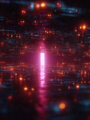 Fototapeta premium Digital art piece that appears to be a futuristic cityscape at night. the background is dark and the city is lit up with bright red and orange lights.
