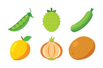 Fresh healthy vegetables food collection including tomato, pepper, onion, carrot, cucumber, pumpkin, eggplant, cabbage, and apple icons isolated on white