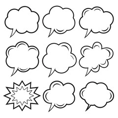 Collection of nine black and white comic book style speech bubbles and explosion shapes talk thought