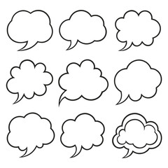 Nine black outline speech bubbles on white background comic book style talk thought