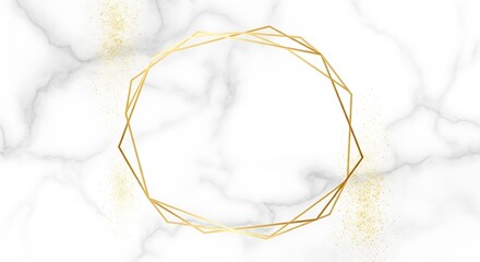 A golden geometric frame adorns a white marble background with scattered gold glitter