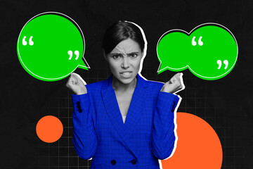 Image full pop trend collage of angry girl stand bubble communication speech icon chatterbox notification dialogue concept