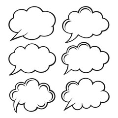 Six black outline comic book speech bubbles on white background talk conversation 1