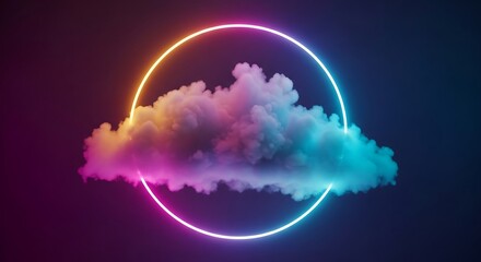 A neon ring encircles a cloud with vibrant pink and turquoise hues