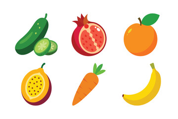 A vibrant vector collection of healthy fruits and vegetables, including tomatoes, apples, oranges, and carrots, perfect for any food-related design