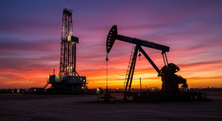 Oil drilling machine or equipment on land under dramatic dusk sky