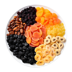 A plate of dried fruits top view isolated on a transparent background