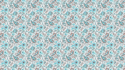 A seamless pattern of paisley designs in shades of blue and gray on a white background surface texture