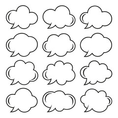 Twelve blank white comic book speech bubbles with black outlines arranged in a grid talk thought 1