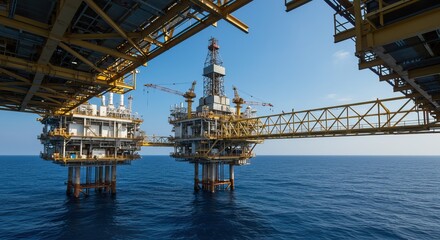 Floating oil rig on ocean under clear blue sky