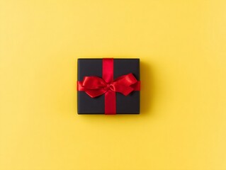 An elegant black gift box with a shiny red ribbon on a bright yellow background, conveying the concept of celebration, surprise and modern aesthetics.
