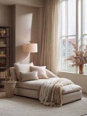 Naklejka premium Beige chaise lounge with faux fur throw in a sunlit room.
