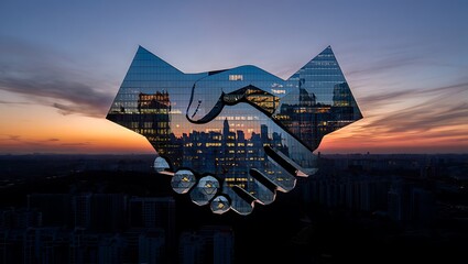 Handshake silhouette reflecting city skyline at sunset buildings