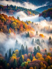 Fototapeta premium Misty forest in autumn with fog rolling in